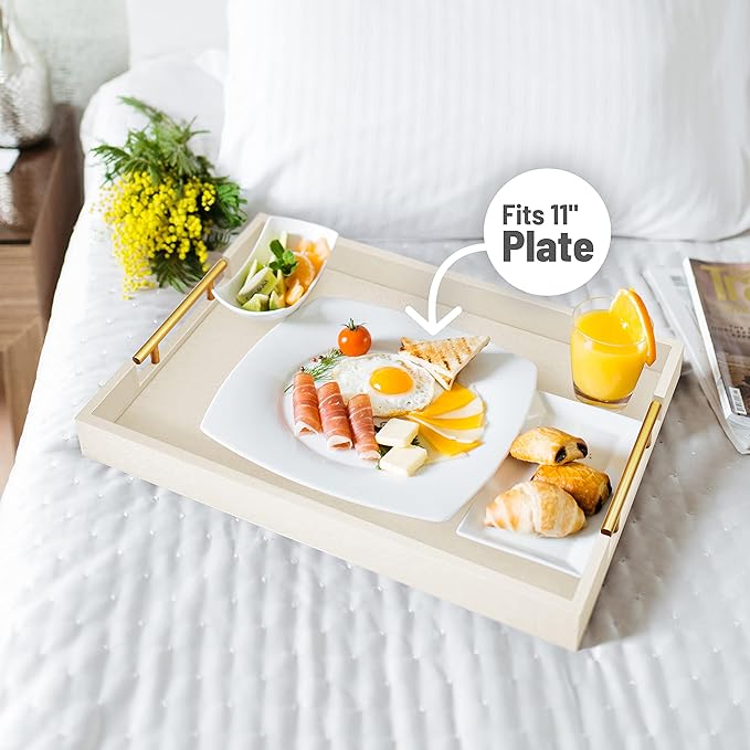 ATZYmolin 17"x12" Leather Serving Tray, Gold Handle Vanity Platter, White | Rectangle Ottoman Decor Tray, Polished Metal Handles, Coffee Table Bathroom Home Decorative Wood Tray