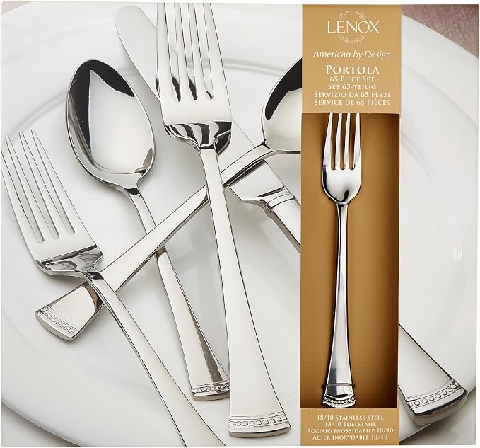 Lenox Portola 65-Piece 18/10 Silverware Set for 12, Flatware | mirror finish, dishwasher safe | includes serving spoons and utensil set | heavy duty, cutlery set for kitchen and dining