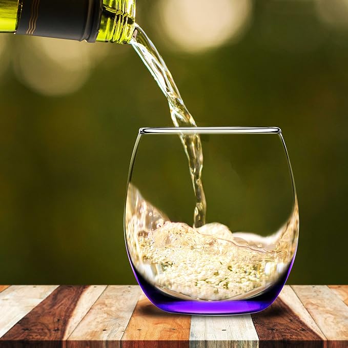 DISCOUNT PROMOS Mikonos Stemless Wine Glasses 11.5 oz. Set of 10, Bulk Pack - Restaurant Glassware, Perfect for Red Wine, White Wine, Cocktails - Purple Bottom Color