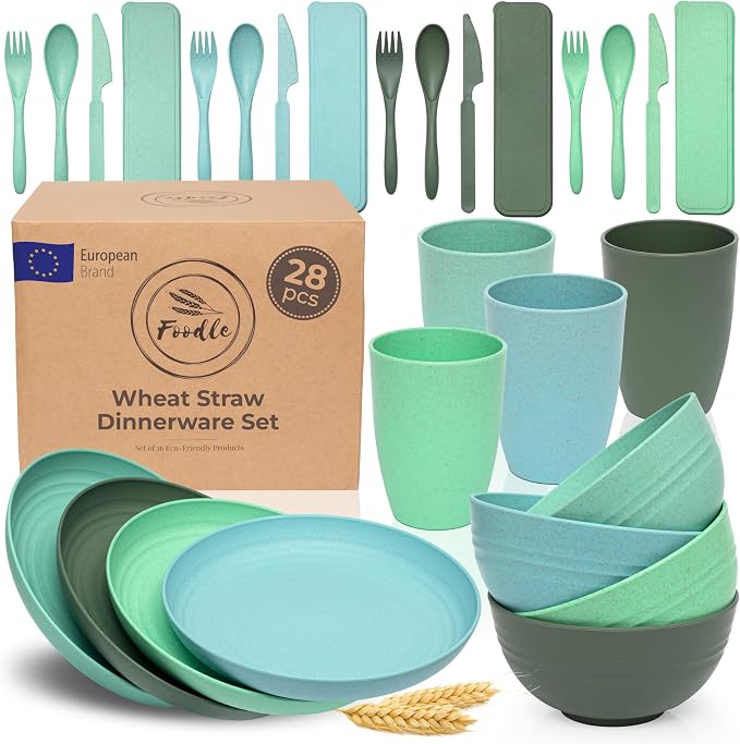 FOODLE Wheat Straw Dinnerware Set - RV, Camping, Picnic Plates Cups & Bowls | BPA-Free & Safety Tested - Microwave & Dishwasher Safe - Lightweight & Unbreakable Dishes - Great for Kids & Adults - For 4