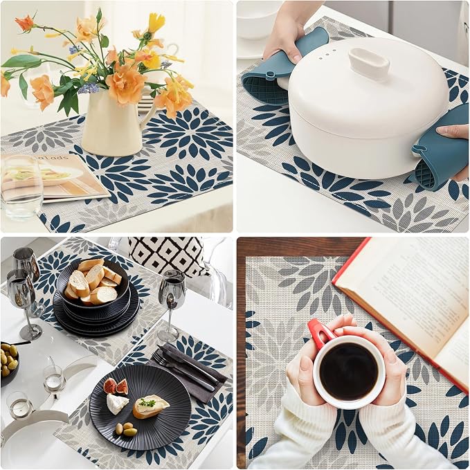 Dahlia Aqua Floral Pinnata Flower Placemats Set of 4, 12x18 Inch Washable Easy to Clean Heat-Resistant Anti-Skid Grey Placemats for Holiday Party Kitchen