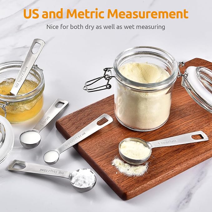 U-Taste 18/8 Stainless Steel Measuring Spoons Set of 5, Teaspoon Tablespoon | Kitchen Metal Measure Set, Metric & US Measurements, 1/4tsp, 1/2tsp, 1tsp, 1/2tbsp, 1tbsp for Dry & Liquid Ingredients