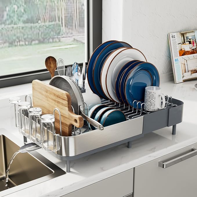 Expandable Dish Drying Rack, Versatile Brackets for Pots & Pans, Space Saving Kitchen Drying Rack, Dish Racks for Kitchen Counter, Stainless Steel Dish Drainers with Extendable Spout, Gray
