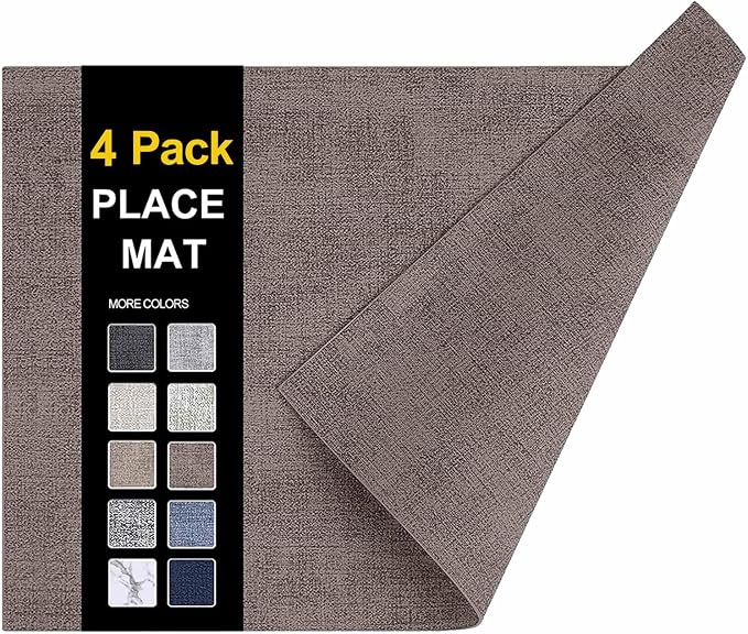 Faux Leather Heat Resistant Placemats 4 Packs, Waterproof Wipeable Dining PU Place Mats for Indoor & Outdoor, Easy to Clean, Brown