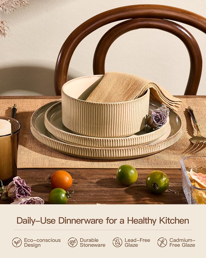Stoneware Dinnerware Sets, Reactive Glaze Dishes Set for 8 | 24-Piece Handmade Ceramic Plates and Bowls, Microwave and Dishwasher Safe, Chip and Scratch Resistant, Modern Rustic, Cream