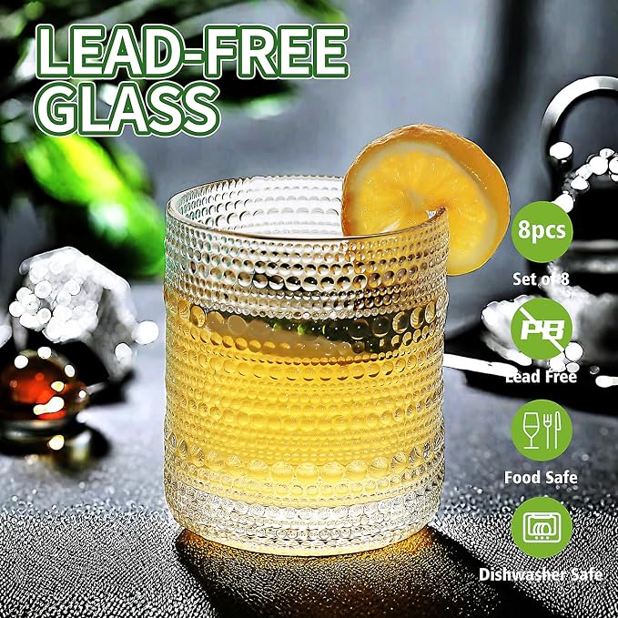 Clear Hobnail Driinking Glasses Set, Glassware Drinking Set of 8, 12 oz Highball Glasses & 10 oz Cocktail Glasses, Tumbler Glasses for Cocktails, Whiskey, Juice, Milk