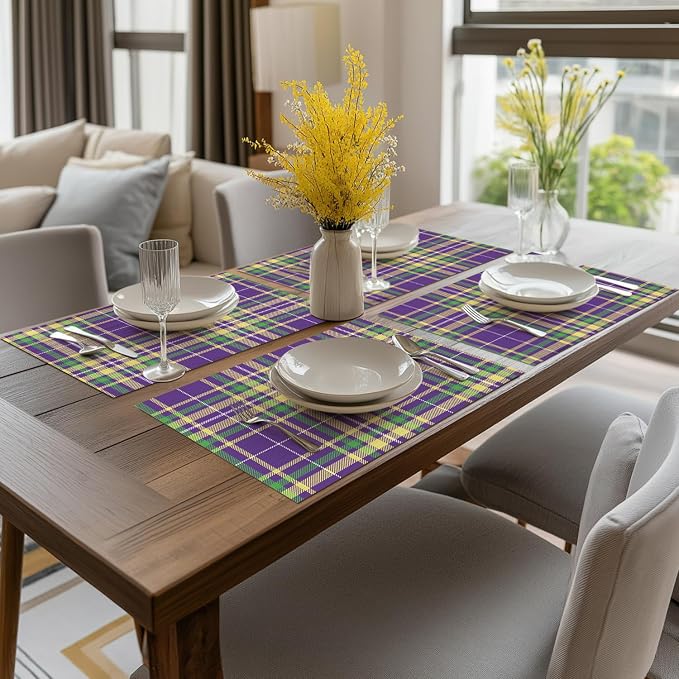 Artoid Mode Purple Striped Check Mardi Gras Vinyl Placemats Set of 4,Heat Resistant Non-Slip Woven Plastic PVC Place Mat for Party Kitchen Dining Decor