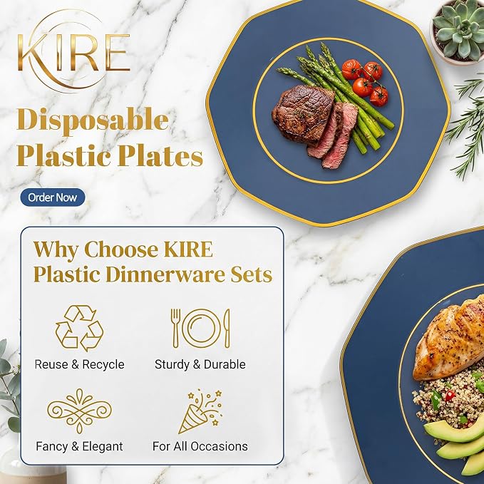 KIRE 140Pcs Blue Plastic Plates with Gold Rim - Navy Blue Plates for Party | Include 40pcs Blue and Gold Plates, Gold Plastic Silverware with Blue Handle&Clear Cups&Hand Napkin for Wedding