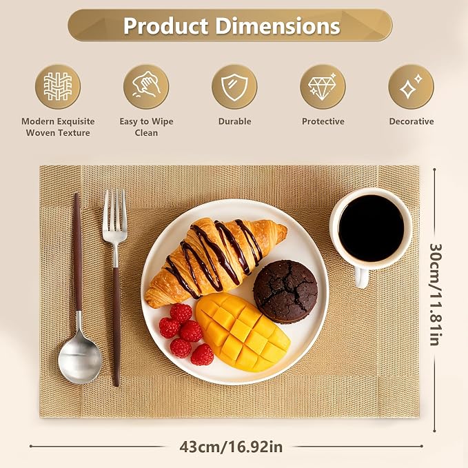 Placemats, Placemats Set of 6, Table Place Mats for Kitchen Dining, Heat-Resistant Anti-Skid Stain Washable PVC Table Mats, Easy to Cleaning Woven Vinyl Dinner Mats (Gold)