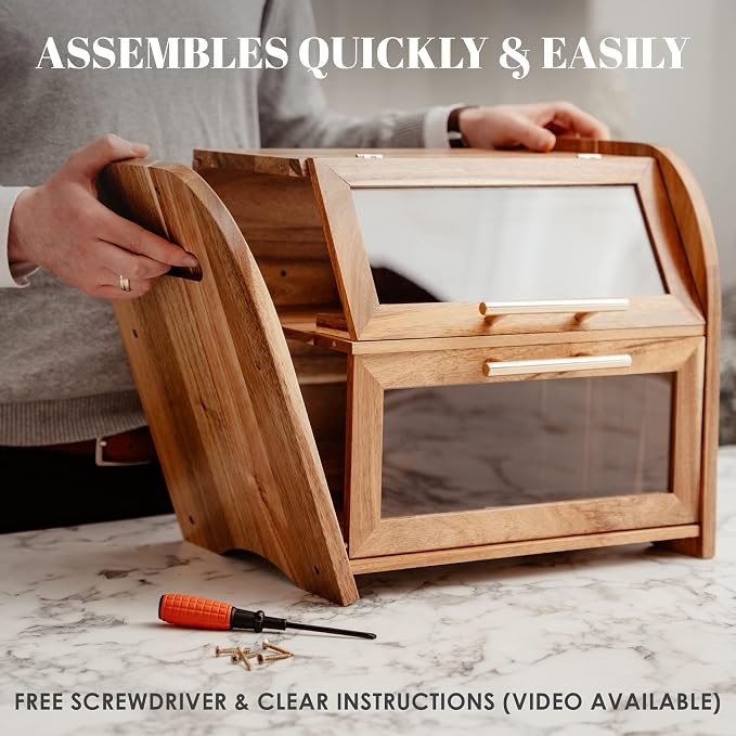 Arise Acacia Wooden Bread Box for Kitchen Countertop, Extra Large 2-Shelf | Bread Storage Container with Clear Windows & Air Vents, Bread Bin & Keeper, Keeps Bagels, Rolls & Buns Fresh, Self Assembly