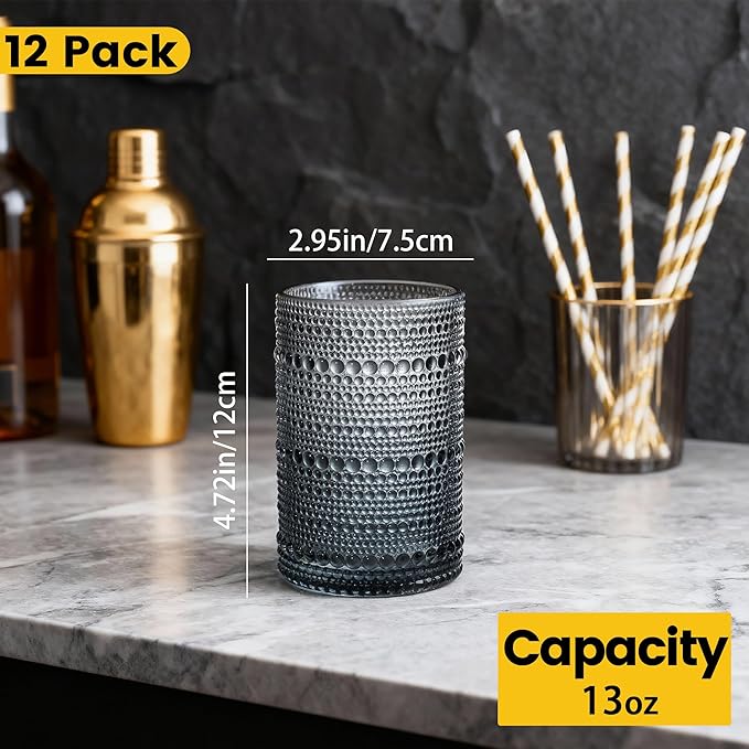Bandesun Vintage Hobnail Drinking Glasses Set of 12, 13oz Colorful Beaded Bubble Glass Cups for Kitchen, Multiple color Embossed Water Tumbler for Whiskey,Cocktail, Beer, Wine, Water & Juice