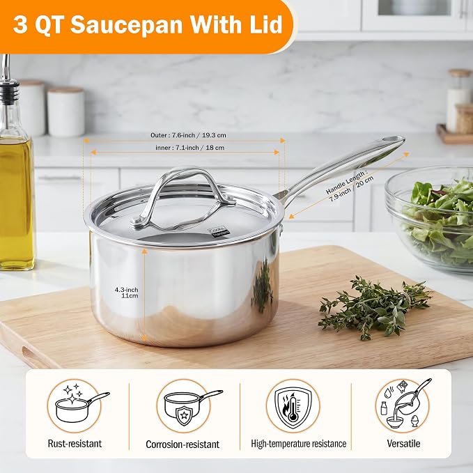 Cooks Standard Multi-Ply Clad 3 Quart Stainless Steel Saucepan with Lid, Kitchen Induction Cooking Sauce Pot Pan, Dishwasher & Oven Safe, Compatible with All Cooktops