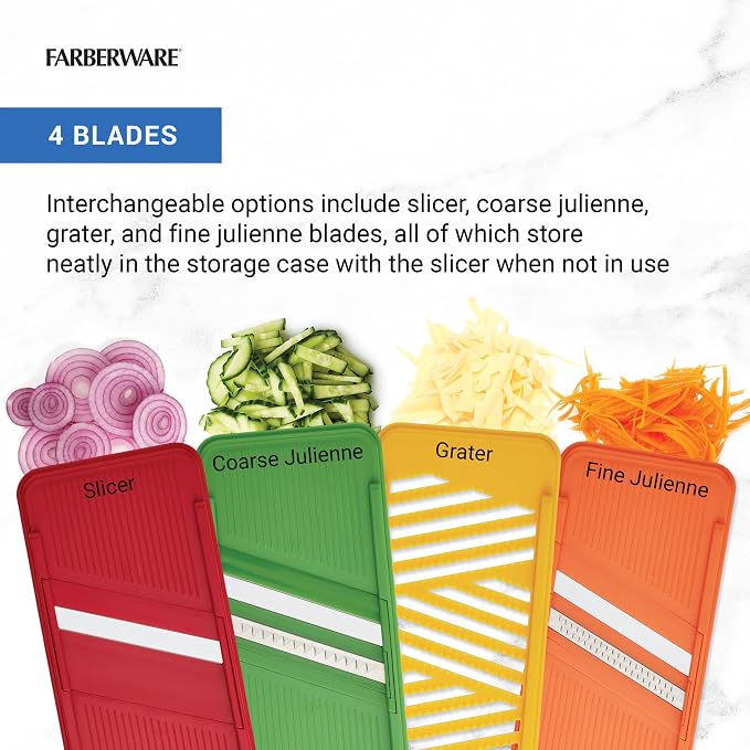 Farberware Pro Mandoline Slicer for Kitchen with Storage Case, 4 Color-Coded Blades, Fine and Coarse Julienne, Grater, Safety Food Holder, Dishwasher Safe