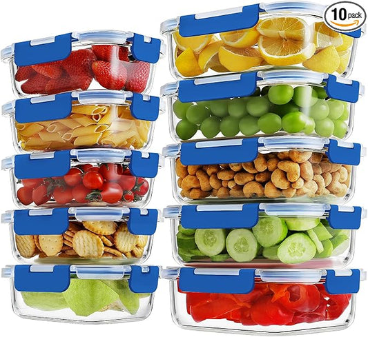 HOMBERKING 10-Pack Glass Meal Prep Containers, 36 oz/14 oz, Locking Lid Set | Borosilicate Glass Food Storage Containers Set, Airtight Lunch Bento Boxes, BPA-Free, Dishwasher Freezer, Oven Safe-Deep Blue