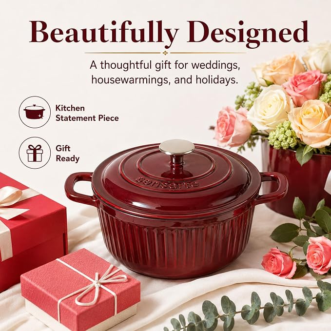 SENSARTE 5.5QT Dutch Oven with Lid, Enameled Cast Iron Dutch Pot Oven Safe | Casserole Dish for Bread Baking, Stock Pot for Stews, Braising, Features Moisture-Sealing Lid, Kitchen Essentials, Red