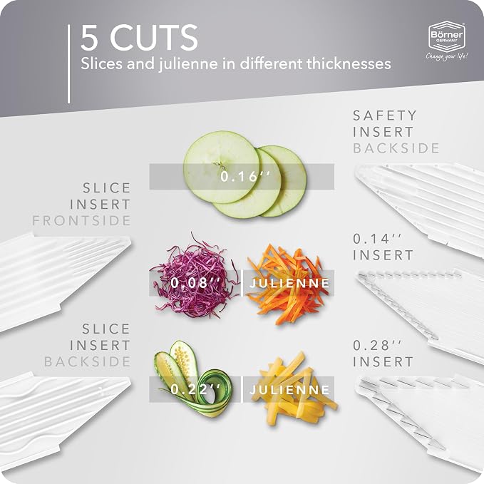 Mandoline Food Slicer Börner V3 (Profi Set) by Reston Lloyd • V-Slicer with 4 Inserts, Docking Station & Food Holder • Made in Germany • Fruit & Vegetable Chopper • Multiple Settings • Color: White