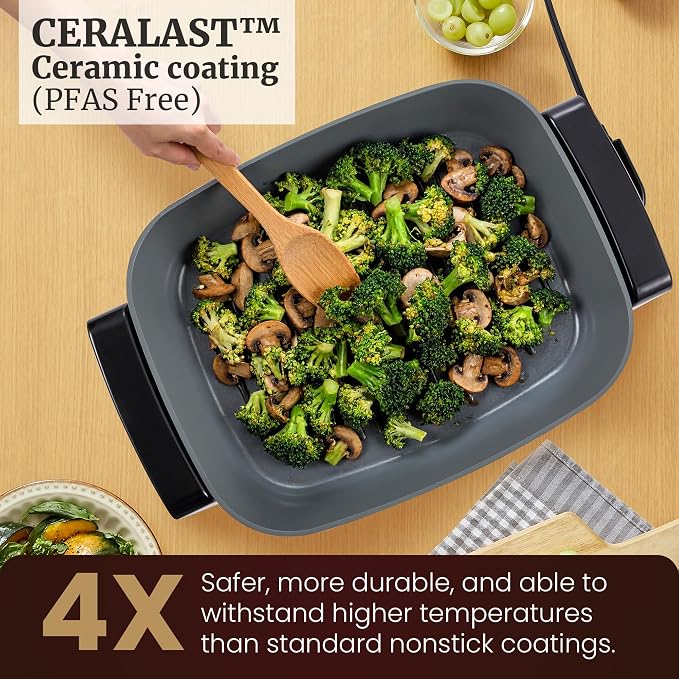 Elite Gourmet Ceralast Ceramic Electric Skillet, 12.5Qt, Black/Gray | Xtra-Deep 4" Dish, 15"x12" PFAS-Free Surface, 1500W Rapid Heat-Up, Tempered Glass Vented Lid, Dishwasher-Safe