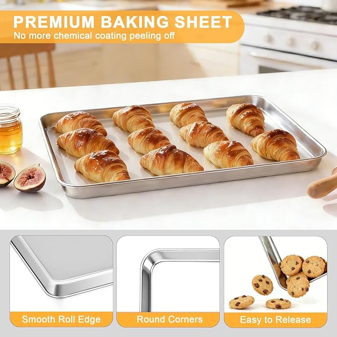 Onader Baking Sheet Pans, 18 x 13 Inch Cookie Sheet for Baking, Set of 2 | Stainless Steel Baking Trays, Large Sheet Pans for Roasting and Cooking, Non-Toxic Half Sheet Pans, Dishwasher Safe