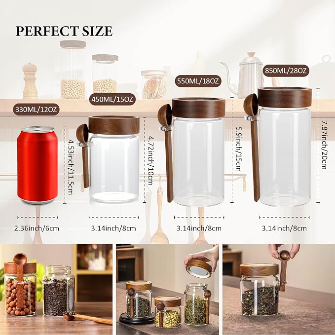 15 oz/450 ml Glass Storage Canister with Airtight Wooden Lid, Clear Small Decorative Container Jar with Spoon for Salad Overnight Oats Snacks Yogurt Cereal Fruit Spice Sugar Coffee Candy Salt