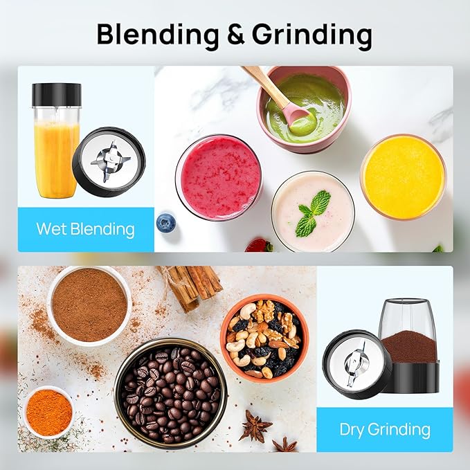 Consciot 16-Piece Blender & Grinder Combo for Kitchen and Personal Size | Blend Shakes & Smoothies, Frozen Drinks, Baby Food, Spreads & More, 4 BPA-Free Portable To-Go Cups & 4 Lids, 900 Peak Watts