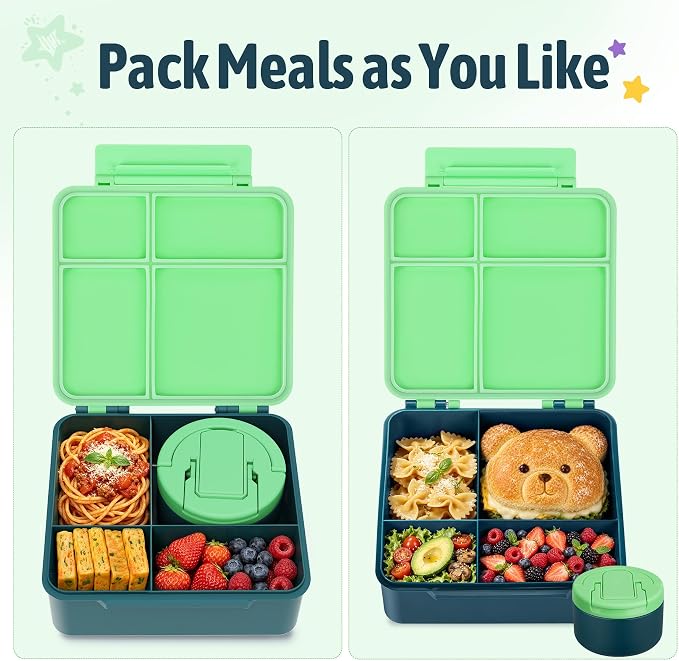Bento Lunch Box Set for Kids with 8 oz Soup Thermo, Leakproof Hot Food Container with 4 Compartments, Insulated Food Jar for Toddler Daycare Boys Girls School - Green