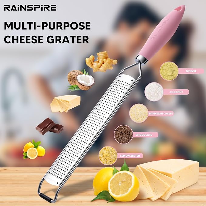 Zester Grater with Handle, Lemon Zester Cheese Grater for Kitchen Stainless Steel, Parmesan Cheese Garlic Nutmeg Chocolate Fruits Vegetables Ginger Grater, Fine (Pink)