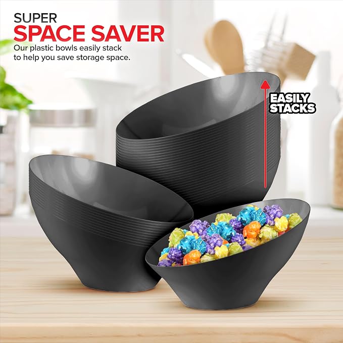 20oz Black Plastic Serving Bowls (4 Pack) Medium Disposable Snack Bowl Candy Dishes, Buffet Containers for Chips, Popcorn, Snacks, Mints, Salad Bar, Parties, Office Desk, Bridal Shower, Party Supplies