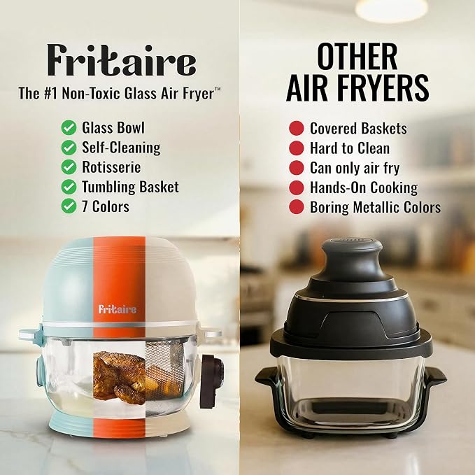 Non Toxic Air Fryer™ Pro | 9-in-1 Glass Air Fryer | Self-Cleaning | 5 Quart | Rotisserie and Tumbler | 400F Vortex For Even Cooking, BPA-Free Teflon Free, Recrisp, Roast, Bake, Cherry
