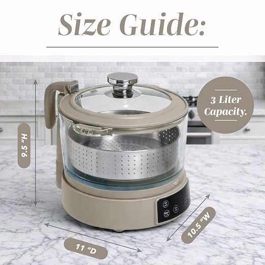 COOK WITH COLOR Glass Mini Low Carb Rice Cooker – Holds 2 Cups Raw/Makes 6 Cups Cooked with Auto Lift Filter Basket, Hotpot & Steamer for Rice, Grains, Digital Panel with Keep Warm, Greige
