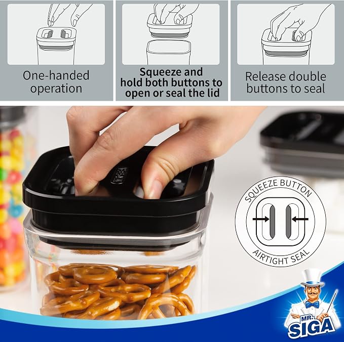 MR.SIGA 4 Pack Airtight Food Storage Container Set for Pantry Organization | One-handed leak proof lids, BPA Free, stackable and space saving, 1.0 L( 33.8 oz), Medium, black