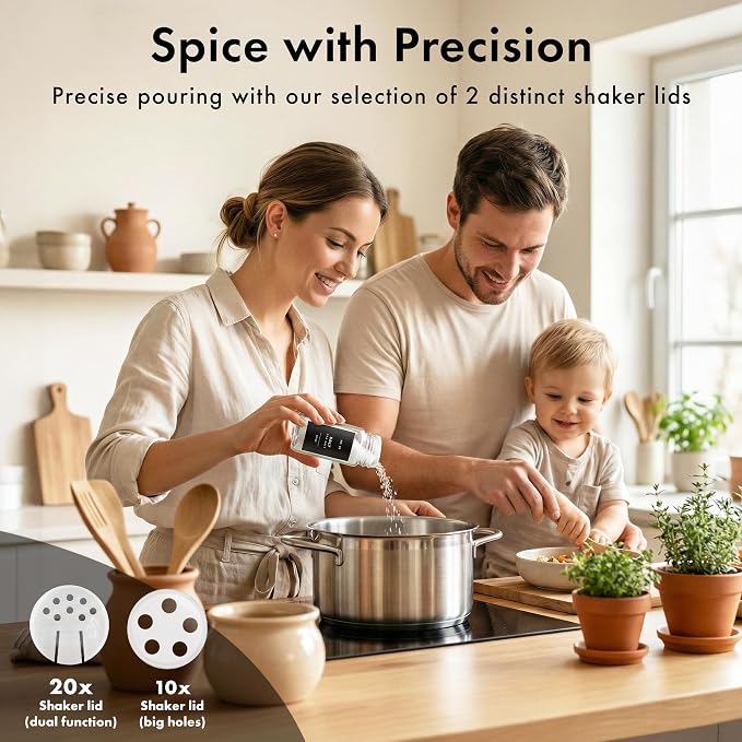 Glass Spice Jars with Label, 24x Acacia Wooden Lids - Black Labels | Airtight Lids keep spices fresh, Kitchen Spice Drawer Organizer, 4oz Seasoning Containers incl. Funnel, Brush & 240 Labels