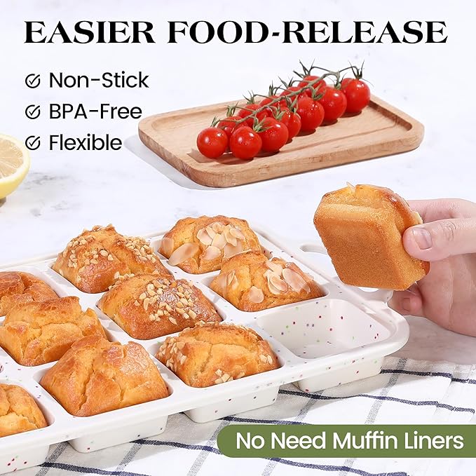 Mini Individual Square Brownie Pan with Dividers, Cream | 2 Pcs, Metal Reinforced Frame, Silicone Nonstick, 12 Cup , Muffin Cupcake Pans