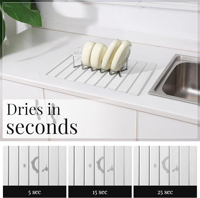 Diatomaceous Stone Dish Drying Mat with Collapsible Rack | Steel Rack, Quick Dry, Space Saving, Foldable Dryer, Kitchen Counter Set