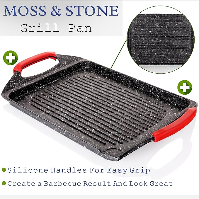 Moss & Stone Griddle Aluminum BBQ, Rectangle Grill Pan for Indoor Cooking | 18x10.5" Non-stick Flat Top Griddle Pan for Stove, For Fish Vegetables & As Steak Pan, StoveTop Induction Grill