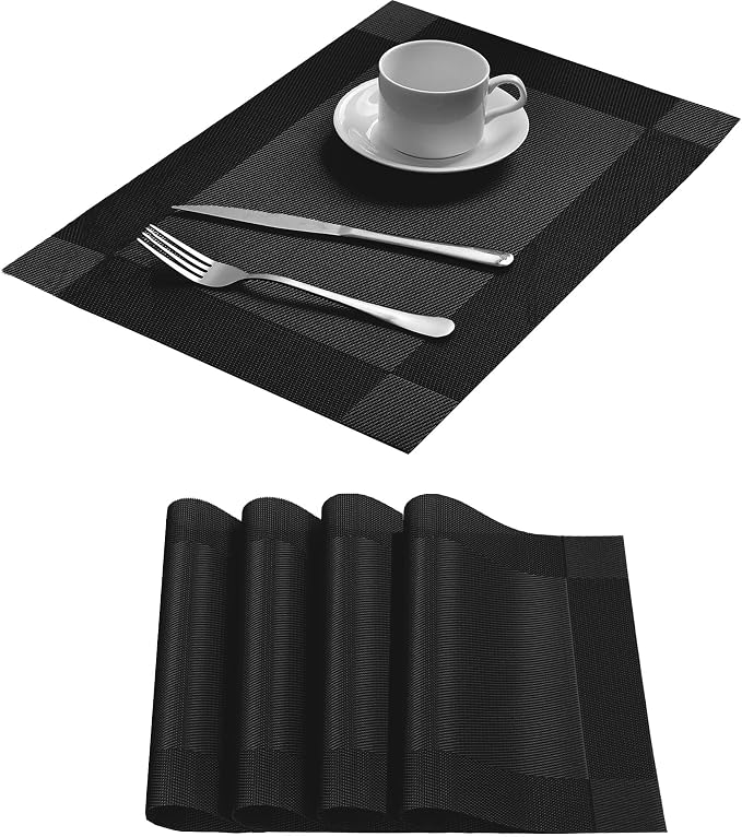 Table Placemats Dining Table Place Mats Set of 4 Heat Resistant Insulation Non-Slip Vinyl for Kitchen Dining Room 18" * 12" Black