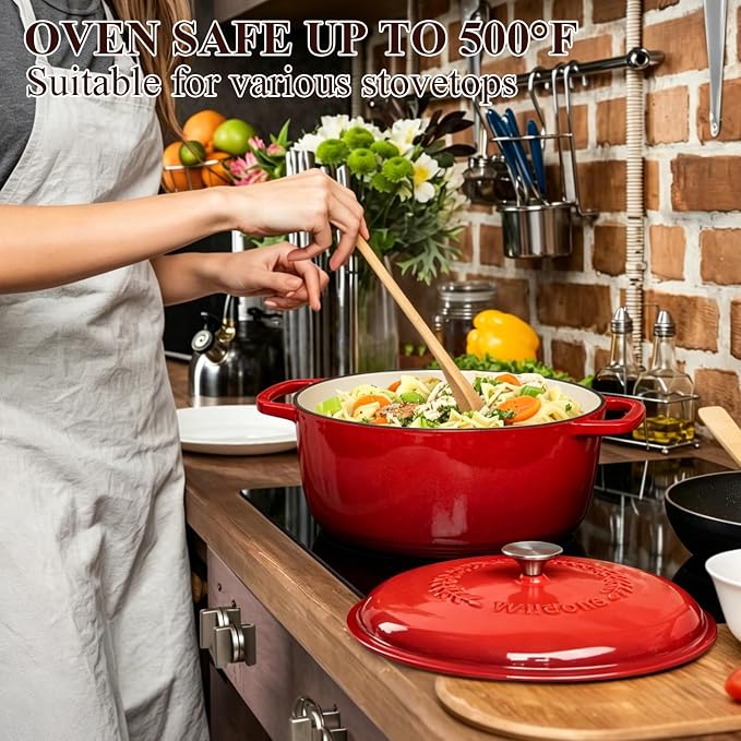Enameled Cast Iron Dutch Oven - Wildone 6QT Pot with Lid & Cotton Potholders - Oven Safe Enamel Cookware for Bread Baking, Braising, Stews, Roasting, Red
