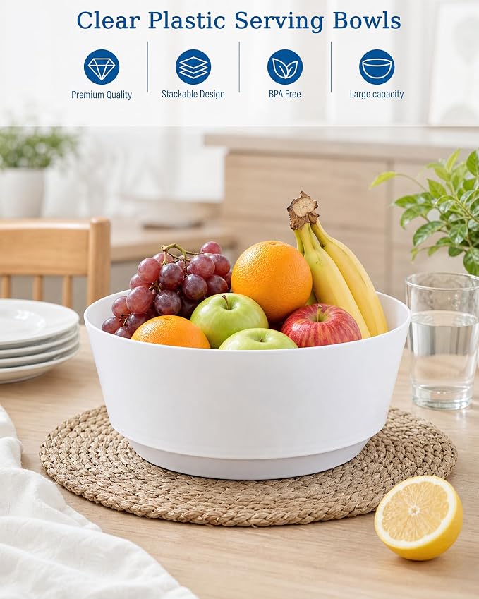 8 Pack Plastic Serving Bowls 128oz White Plastic Bowls Heavy Duty Disposable Serving Bowls for Party Snack & Salad & Candy & Bar Buffet | 128oz Heavy Duty Disposable Plastic Bowls, Perfect for Party Snack, Salad, Candy & Bar Buffet