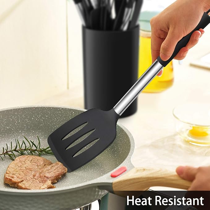 LIANYU 15-Piece Kitchen Cooking Utensils Set with Holder | Silicone Kitchen Tools Stainless Steel Handle, Slotted Spatula Spoon Turner Tong Whisk Brush for Cooking, Black