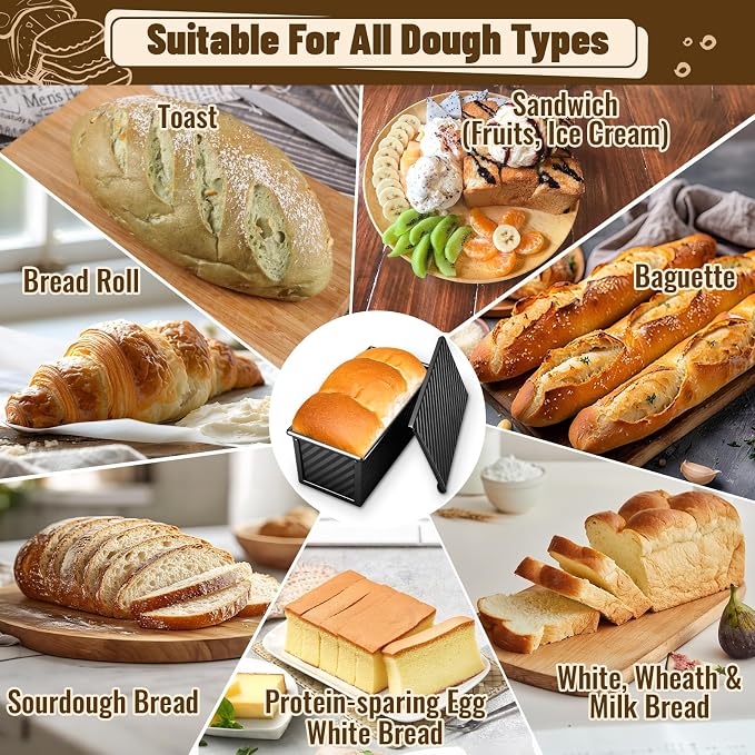 3 Pack Pullman Loaf Pans, Bread Pans with Lids, Black | Non-stick Carbon Steel Bread Pans for Homemade Sandwich and Baking Sourdough Bread, Corrugated Toast Mold