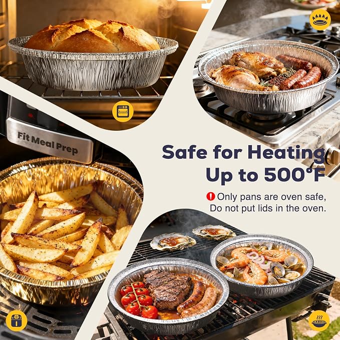 Fit Meal Prep 50 Pack 7" Round Aluminum Foil Pans with Clear Dome Lids, Disposable Pie Tins, Take out Containers, Freezer Oven Safe Baking Pans for Storing, Cooking, Storage