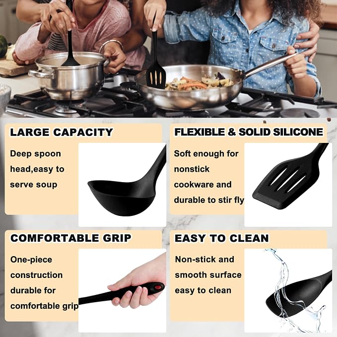 E-far 10 Pieces Silicone Cooking Utensils Set, Heat Resistant Kitchen Utensil Set for Nonstick Cookware, Kitchen Cooking Tools with Spatula, Spoon, Slotted Turner, Non-Toxic & Dishwasher Safe (Black)