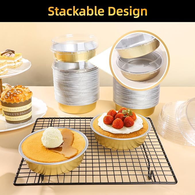 Beasea Mini Pie Tins with Lids, 120 Pack 4 Inch 8oz Disposable Creme Brulee Ramekins Golden Mini Small Aluminum Foil Pie Tart Cake Baking Pans Individual Round Containers Oven Safe for Baking