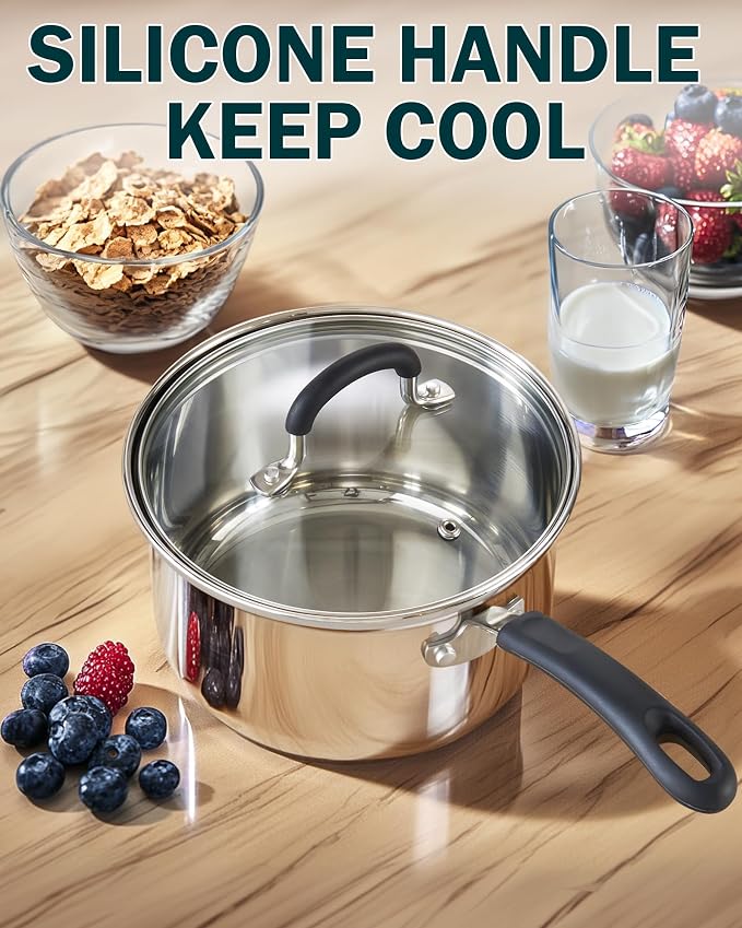 Cook N Home Professional 2 Quart Stainless Steel Saucepan with Lid, Small Kitchen Induction Cooking Sauce Pot Pan, Stay-Cool Silicone Handle, Dishwasher Safe