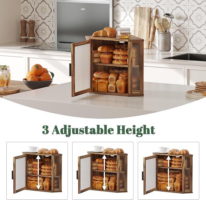 STDDRE Corner Bread Box for Kitchen Countertop 2-Tier Acacia Wood Kitchen Countertop Bread Storage Large Capacity Farmhouse Bread Box with Window Bread Holder Corner Food Organizer (Medium)