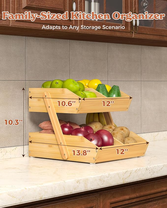 2-Tier Bamboo Fruit Basket with 2 Banana Holders | Large tiered organizer for bread, snacks, veggies. Sturdy bamboo, includes mats & dividers. Easy to assemble.