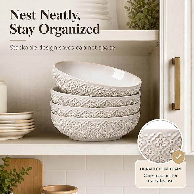 8 inch Pasta Bowls, 22 Oz Ceramic Serving Bowls Set of 4, Embossed Porcelain Salad Bowl, Serving Dishes for Pasta, Salad, Soup, Fruit, Housewarming Gift, Wedding Decor, Oven & Dishwasher Safe