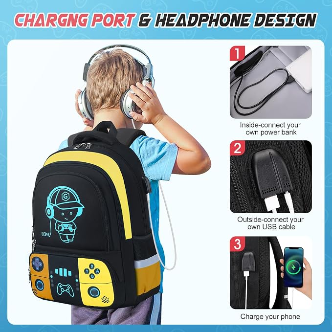 Backpack for School Boys, Cool Luminous Gamer Boys Schoolbag | with Lunch Box & Pencil Case Set for Kids Teens Elementary Middle School, Bookbag Glow In The Dark