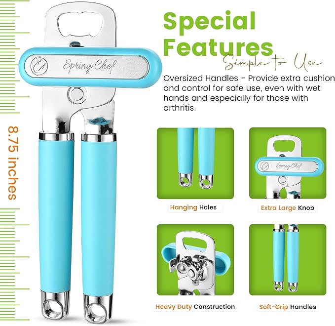 Spring Chef Stainless Steel Manual Can Opener w/Soft Grip Handle, Aqua Sky | Heavy Duty Hand Can Opener for Seniors with Smooth Edge, Easy Turn, 3in1 Can Opener with Magnetic Lid Remover & Bottle Opener