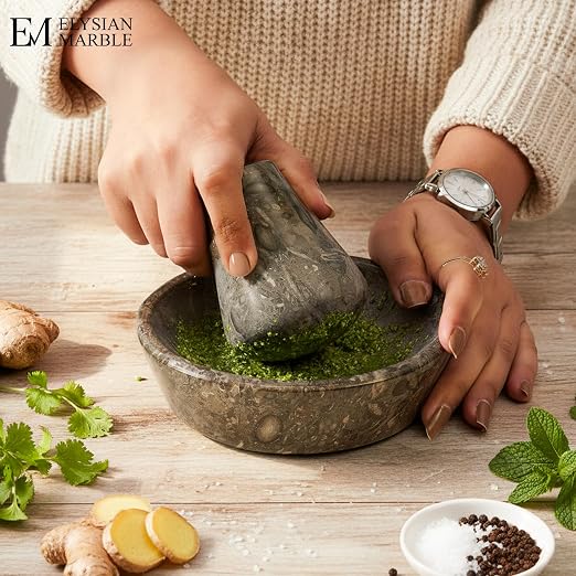 Mortar and Pestle Set, Oceanic Marble 5.5 Inch Wide Shallow Mortar with Pestle, Manual Spice Grinder for Herbs, Garlic, Ginger, Pesto, Guacamole, Salsa and Fresh Seasoning