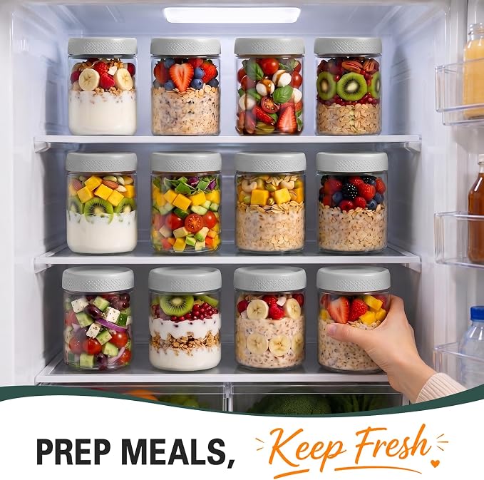 Mason Jars 16 oz with Lids, Yogurt Containers with Lids, Overnight Oats Jar | Parfait Cups with Lids for Oatmeal, Glass Jar with Lid for Storage, Food, Pudding, Sugar, Salad, Snack, Kitchen, Jam, Gray